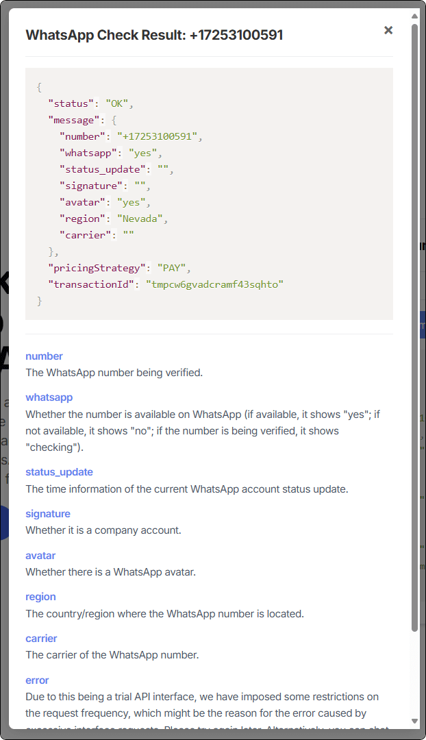 WhatsApp Number Check Result Descriptions