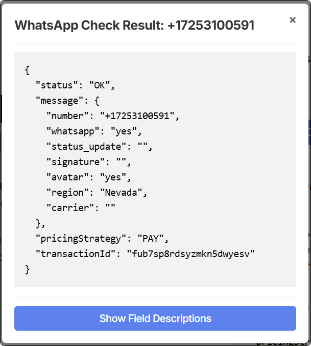 WhatsApp Number Check Result